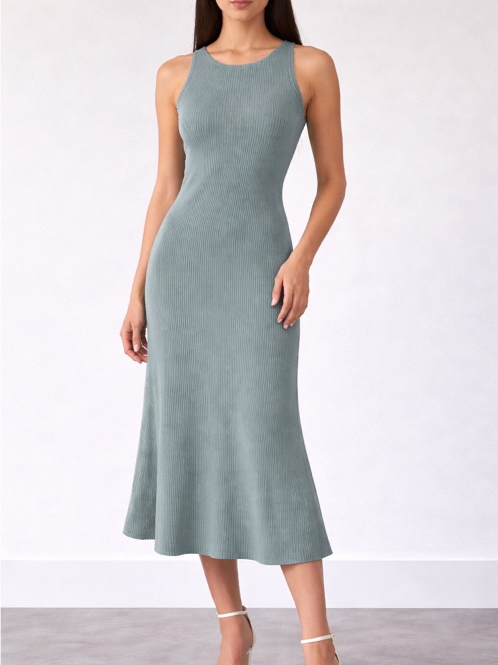 ZARA Knit Midi Dress Green Sleeveless Bodycon Flare Hem Size S